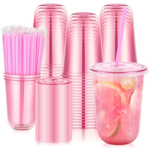 tchrules 100 Set 16oz Plastic Cups with Lids & Straws, Disposable Pink Clear Iced Coffee Cup with Lid, Round Bottom Plastic To Go Cups for Cold Drinks Slushie Smoothie Valentine Holiday Party Supplies - Image 1