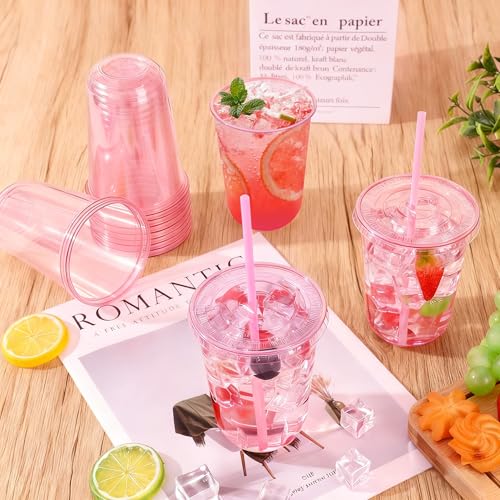 tchrules 100 Set 16oz Plastic Cups with Lids & Straws, Disposable Pink Clear Iced Coffee Cup with Lid, Round Bottom Plastic To Go Cups for Cold Drinks Slushie Smoothie Valentine Holiday Party Supplies - Image 3