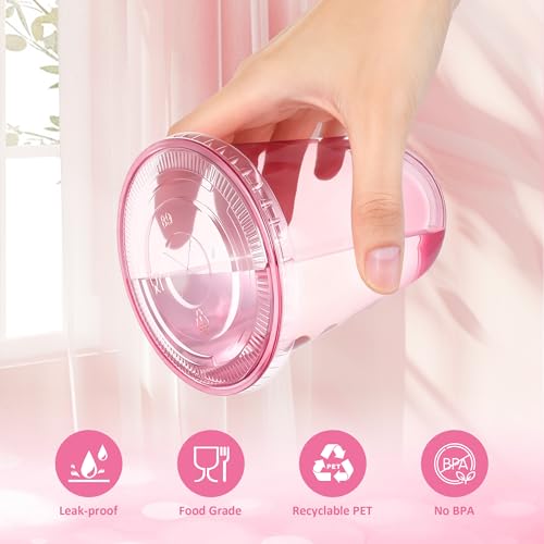 tchrules 100 Set 16oz Plastic Cups with Lids & Straws, Disposable Pink Clear Iced Coffee Cup with Lid, Round Bottom Plastic To Go Cups for Cold Drinks Slushie Smoothie Valentine Holiday Party Supplies - Image 4