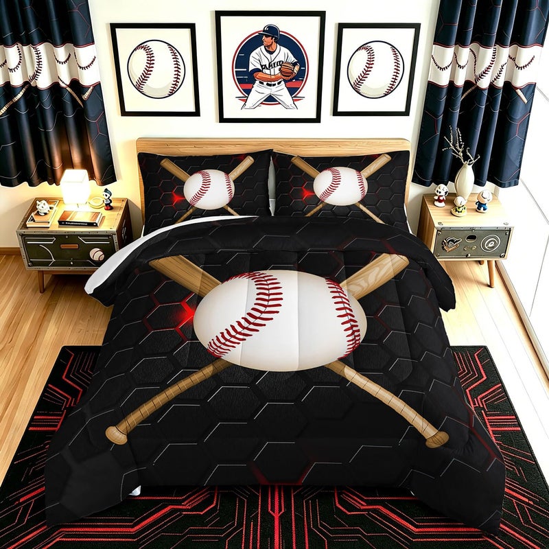 HOSIMA Baseball Comforter Set for Boys Teens Bedroom Decor,Boys Sports Cool Baseball Pattern Bedding Set,Queen Comforter Set with 2Pillowcases. - Image 2