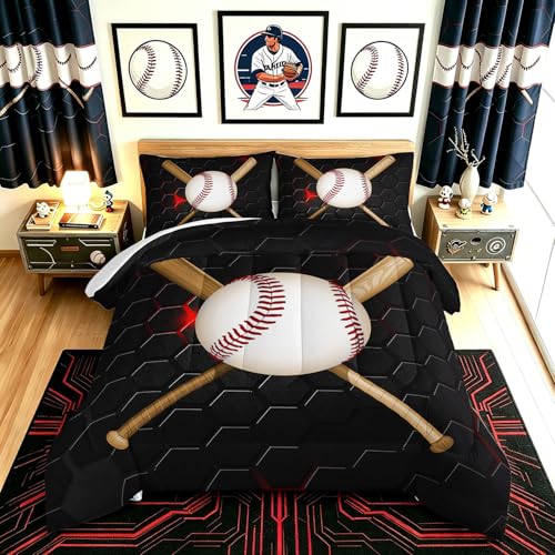 HOSIMA Baseball Comforter Set for Boys Teens Bedroom Decor,Boys Sports Cool Baseball Pattern Bedding Set,Queen Comforter Set with 2Pillowcases. - Image 1