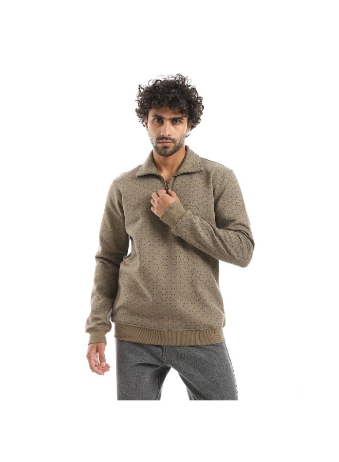 بافون Self Pattern Zip Through Neck Sweatshirt - Taupe - Image 1