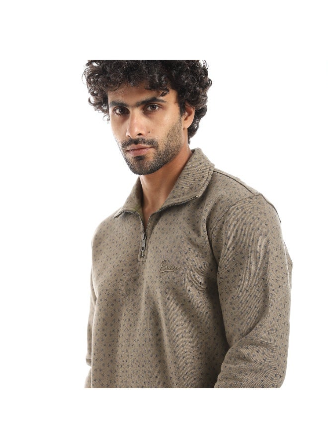بافون Self Pattern Zip Through Neck Sweatshirt - Taupe - Image 4