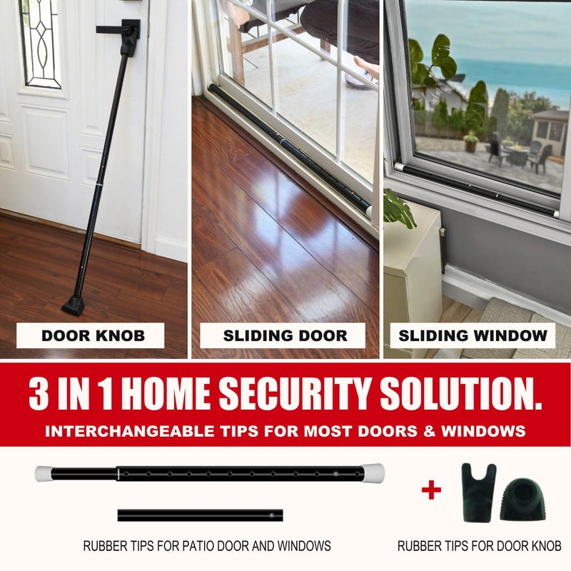 SECURITYMAN 3 in 1 Door Security Bar & Sliding Door Security Bar - Door Jammer Constructed of High Grade Iron - Black Door Stoppers Security Bar - Image 2