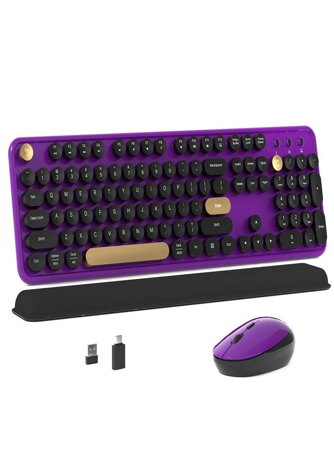 MPTOG Colorful Wireless Computer Keyboard and Mouse Combo with Round Typewriter Keycaps, Retro Design, Power Switch, Ergonomic Design, 2.4GHz Wireless for Windows, Mac, PC(Black-Purple) - Image 1