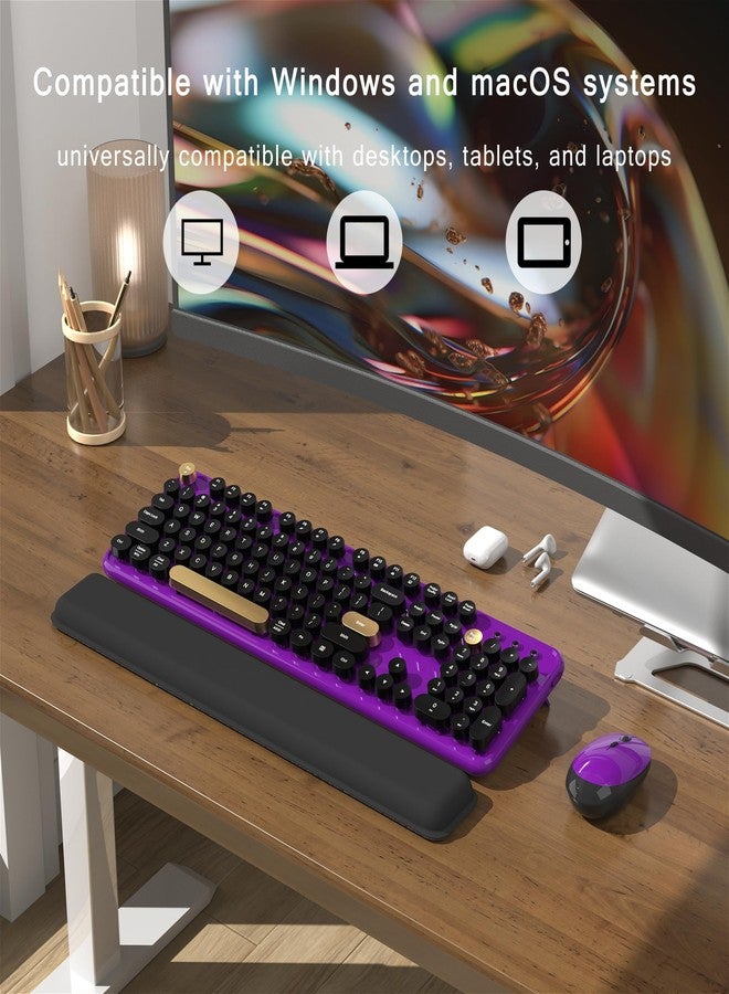 MPTOG Colorful Wireless Computer Keyboard and Mouse Combo with Round Typewriter Keycaps, Retro Design, Power Switch, Ergonomic Design, 2.4GHz Wireless for Windows, Mac, PC(Black-Purple) - Image 3