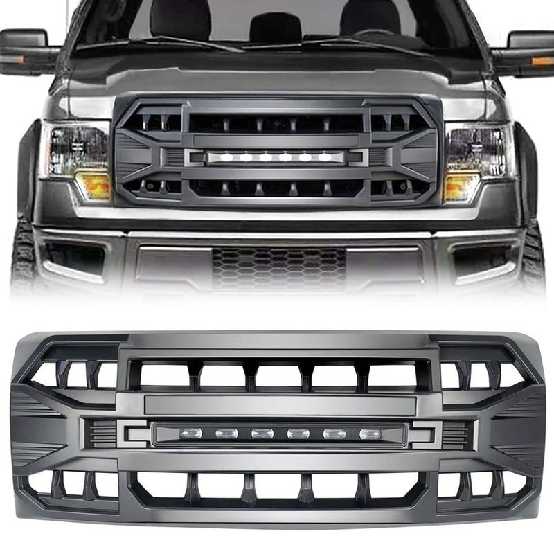 MEGAIE Front Grill Replacement for F150 20092014 Matte Black Front Bumper Grille wOffRoad Lights