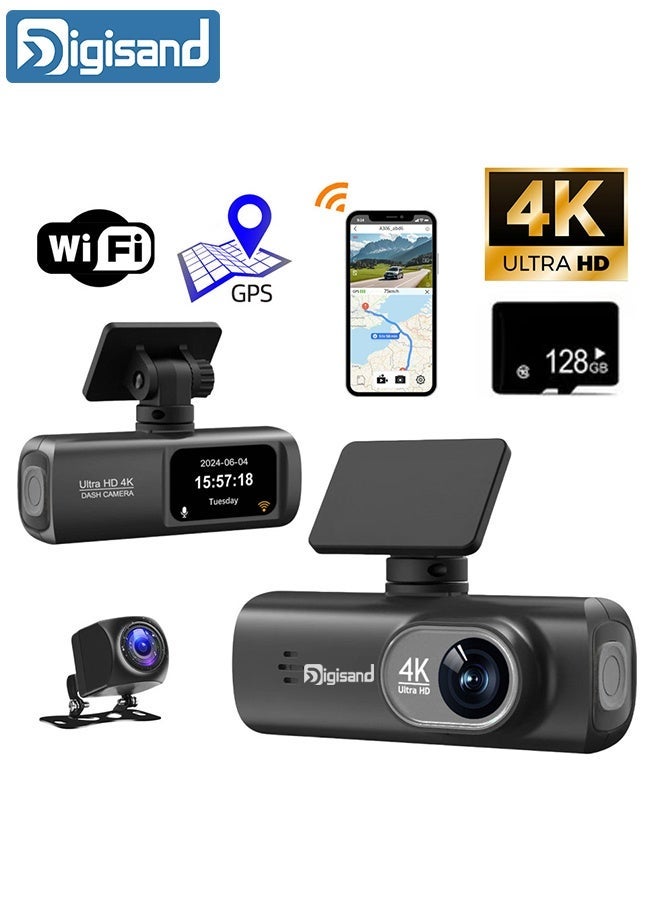 ديقيساند UHD 4K Dash Cam للسيارات الأمامية والخلفية العدسة المزدوجة الأمامية 3840 * 2160P العدسة الخلفية 128GB بطاقة مدمجة في واي فاي G- الاستشعار مع GPS سيارة DVR مسجل فيديو 24H رصد وقوف السيارات - Image 1