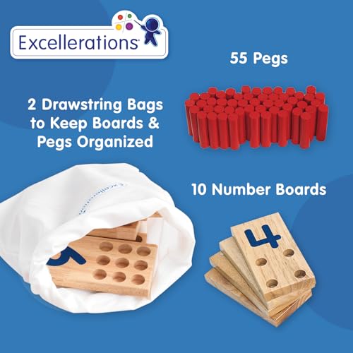 Excellerations Peg Number Board, Included: 10 Rubberwood Boards + 55 Wood Pegs + Storage Bag, Montessori Math Materials, Learning Manipulatives, Counting for Kids, Reggio Emilia Classroom Essentials - Image 4