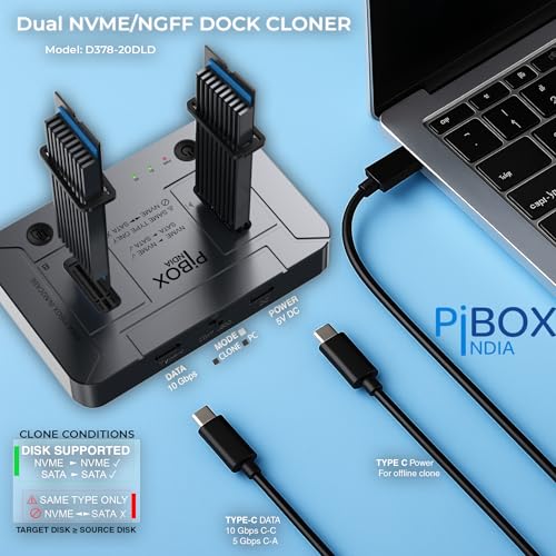 pibox India M.2 Dual NVMe NGFF Dock, PiBOX India NVMe/NGFF SATA Dual Protocol Docking Station Cloner USB-C 3.2 10Gbps, Dual Bay M.2 NVMe Dock, Offline Clone Reader Support M & B&M Key 2230/2242/2280 SSD REALTEK - Image 2