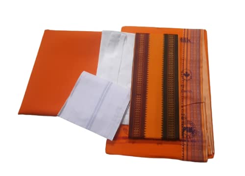 MAMRAJ Men's Cotton 5-Piece Pandit Casual Style Yellow Dhoti Kurta Set | Unstitched Kurta, Angocha, Vest, Hanky, Large - Image 5