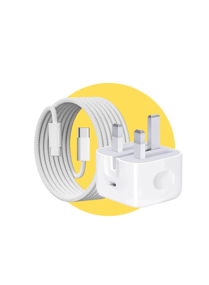 شاحن ايفون سريع 20 وات | شاحن حائط  تايب سي سريع مع كابل منفذين تايب سي بطول 1 متر متوافق مع  سلسلة ايفون 16/15