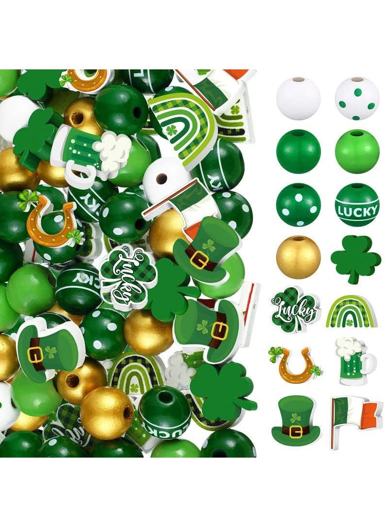 Glenmal 200 Pcs St Patricks Day Wood Beads Farmhouse Wooden Beads Colorful St Patricks Day Wooden Craft Beads Clover Hat Beer Flag Round Beads Wood Spacer Beads for Home Garland Party Decor DIY Ornament  - Image 2