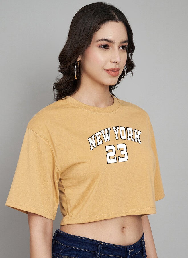 TREND LEVEL Beige Typography Print Cotton Boxy Crop Top - Image 3