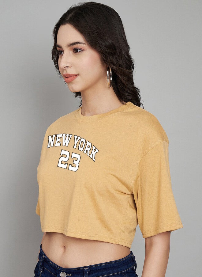 TREND LEVEL Beige Typography Print Cotton Boxy Crop Top - Image 4