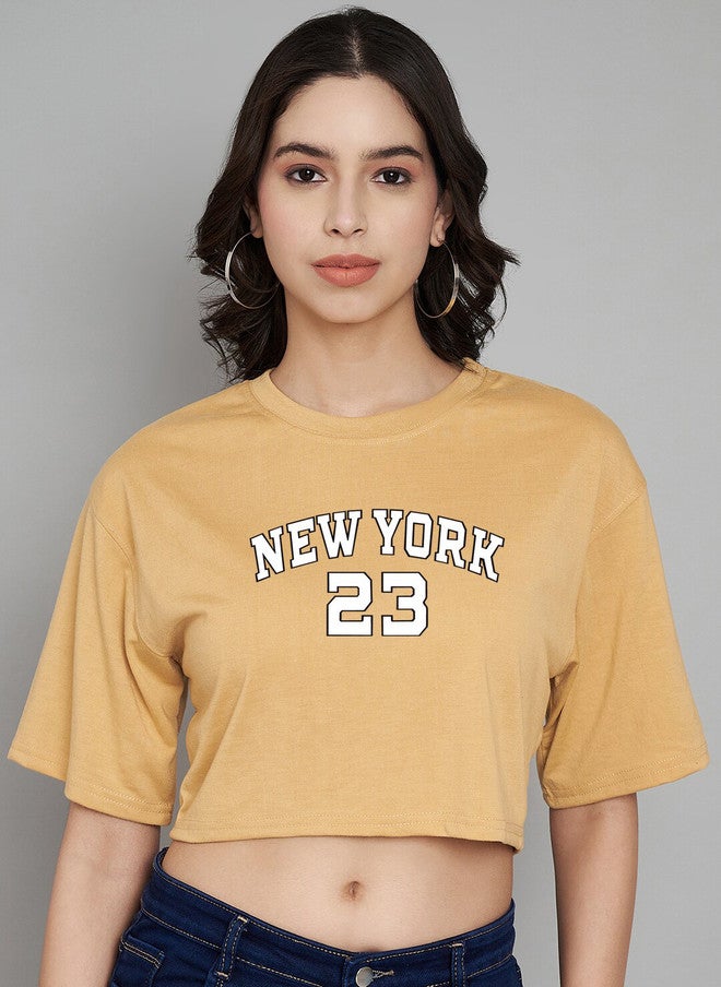 TREND LEVEL Beige Typography Print Cotton Boxy Crop Top - Image 1