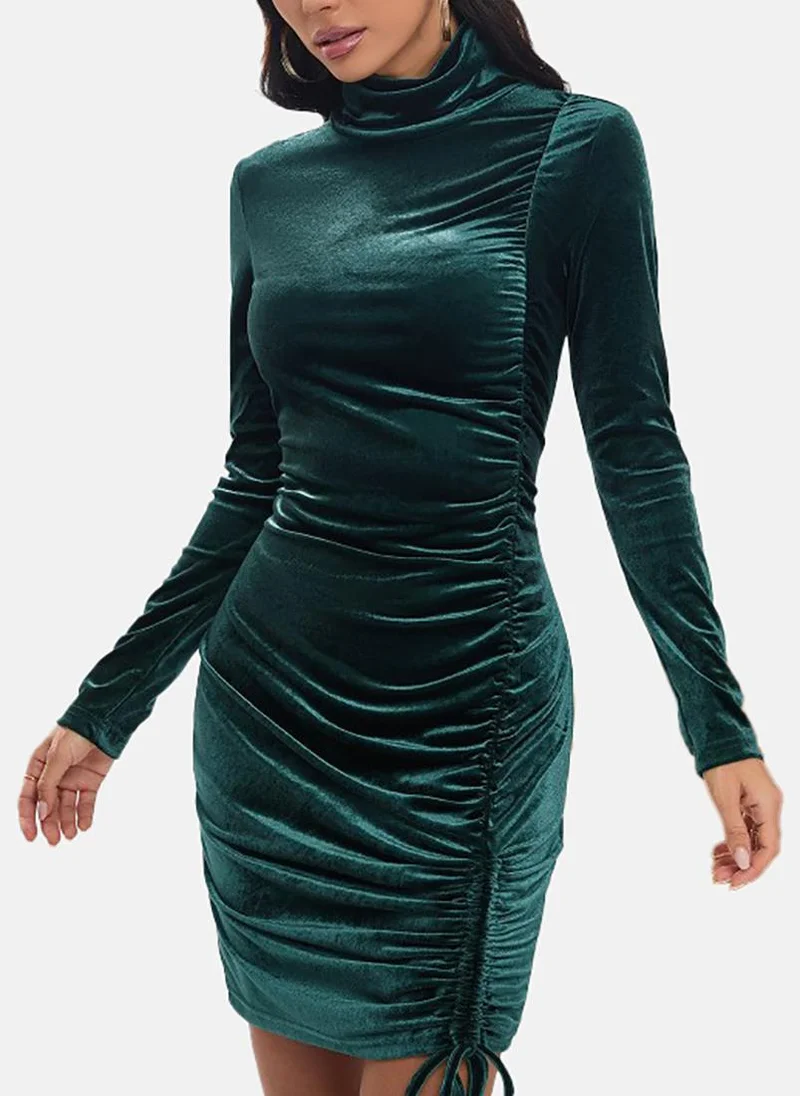 يونيكي Green Solid Long Sleeve High Neck Mini Bodycon Dress