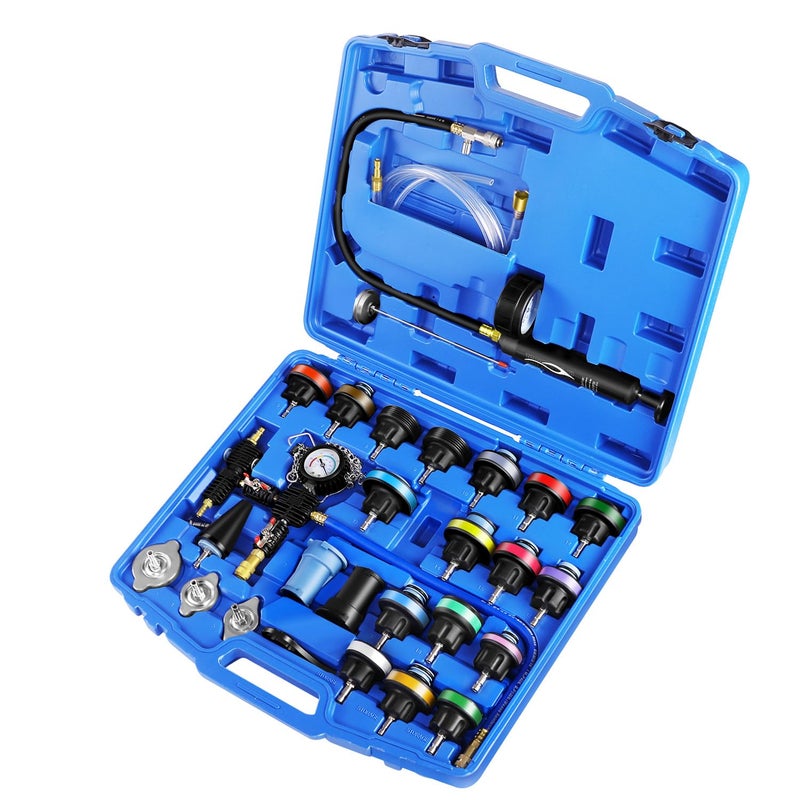 JIFETOR Radiator Coolant Pressure Tester Vacuum Refill Tool Kit 28PCS Automotive Cooling System Leak Test and Pneumatic Purge Fill Set with Testing Adapter Caps Universal for Airlift Car Auto Truck
