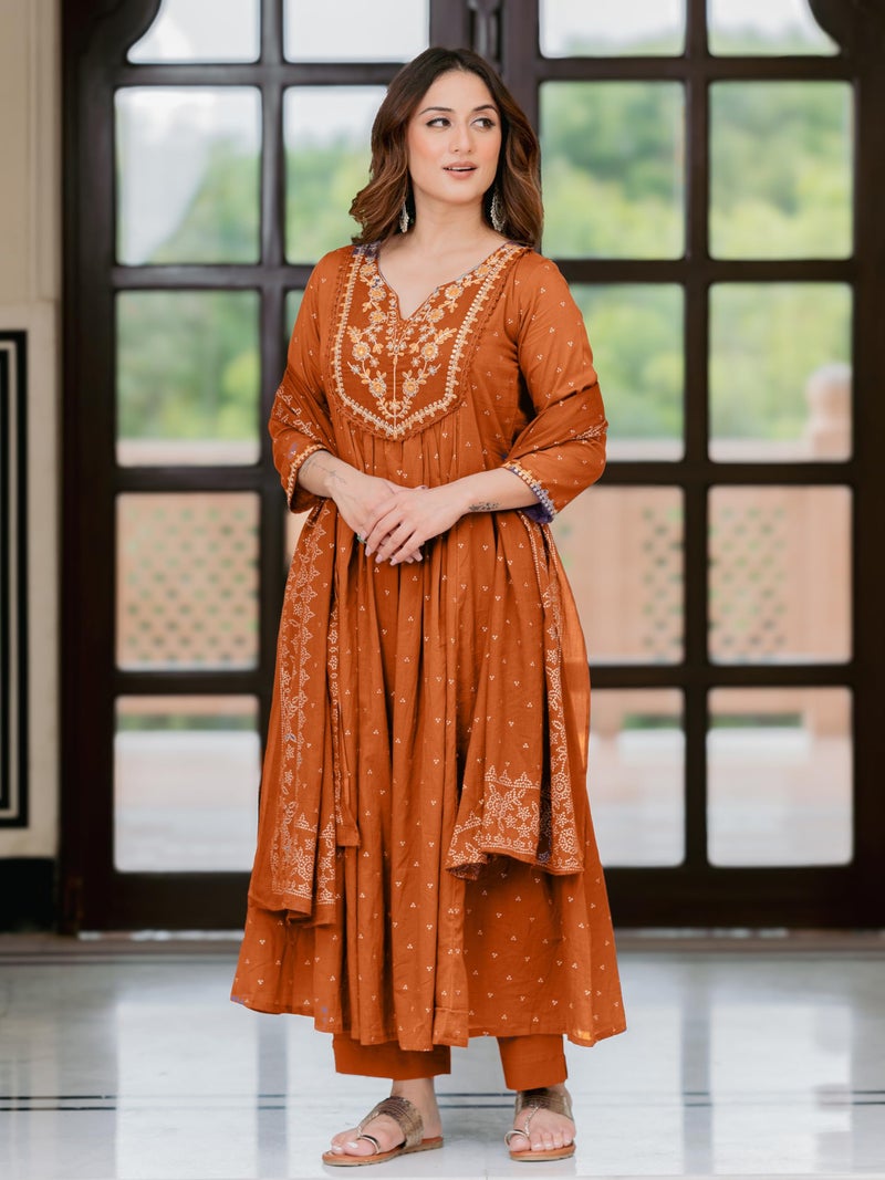Arayna Women’s 100% Pure Cotton Anarkali Kurta Set with Pant & Dupatta | Embroidered Flared Kurta | Elegant Ethnic Suit, Rust Orange, 4X-Large - Image 3