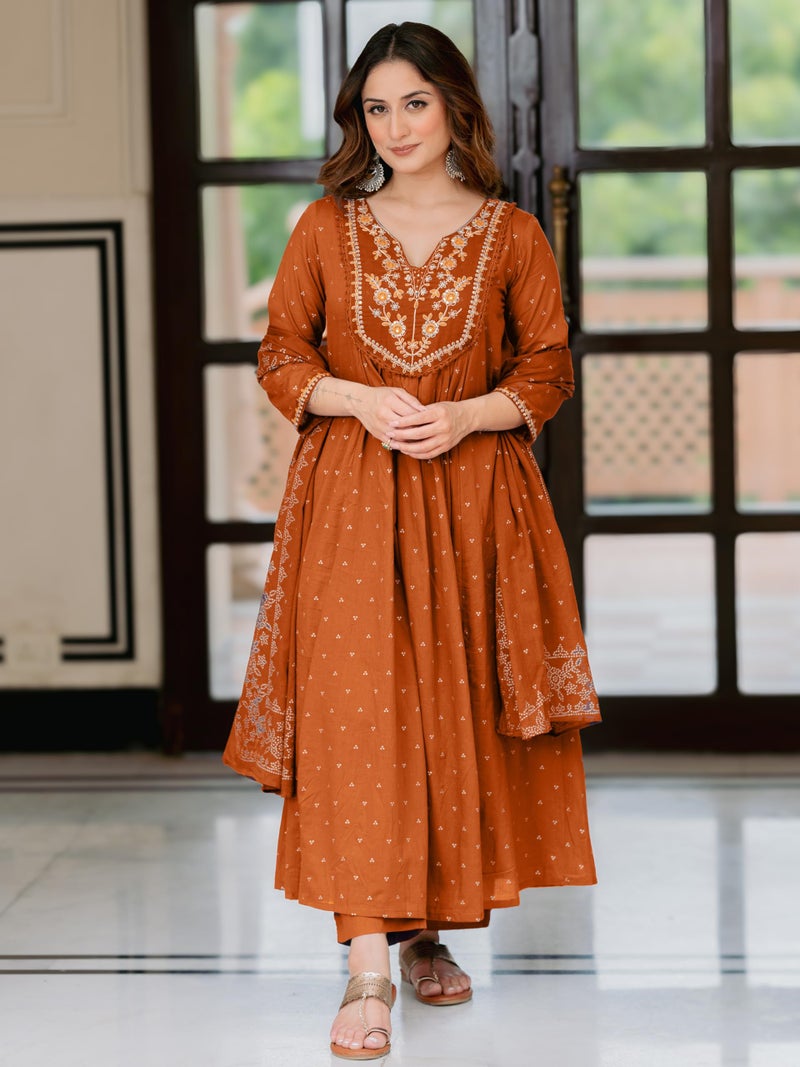 Arayna Women’s 100% Pure Cotton Anarkali Kurta Set with Pant & Dupatta | Embroidered Flared Kurta | Elegant Ethnic Suit, Rust Orange, 4X-Large - Image 5