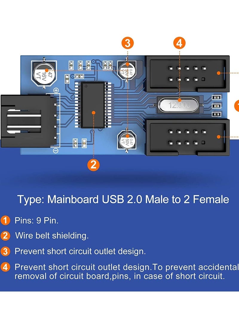 XICEN - Motherboard USB2.0 9pin USB Header Splitter Male 1 to 2 Female Extension Cable（30cm/0.98ft）Card Control PCB Board USB HUB 9-pin Splitter Adapter Port Multilier PWM Fan Splitter Cable 1 to 2 Converter - Image 1