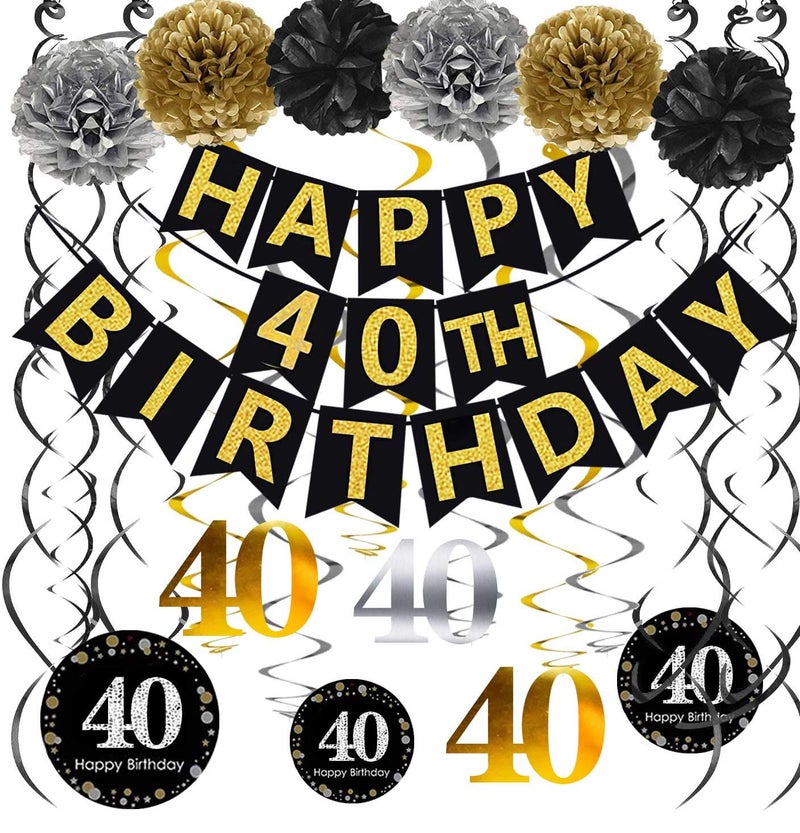 Famoby Black & Gold Glittery Happy 40th Birthday Banner,Poms,Sparkling 40 Hanging Swirls Kit for 40th Birthday Party 40th Anniversary Decorations - Image 1