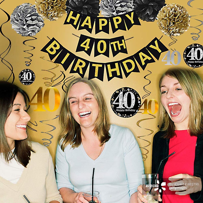 Famoby Black & Gold Glittery Happy 40th Birthday Banner,Poms,Sparkling 40 Hanging Swirls Kit for 40th Birthday Party 40th Anniversary Decorations - Image 2