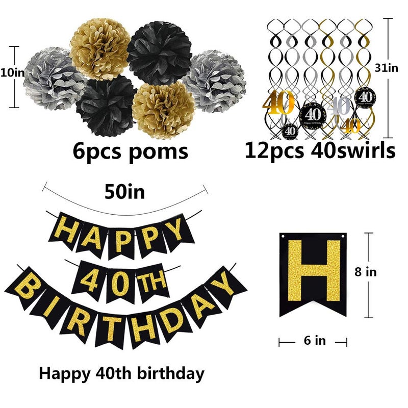 Famoby Black & Gold Glittery Happy 40th Birthday Banner,Poms,Sparkling 40 Hanging Swirls Kit for 40th Birthday Party 40th Anniversary Decorations - Image 4