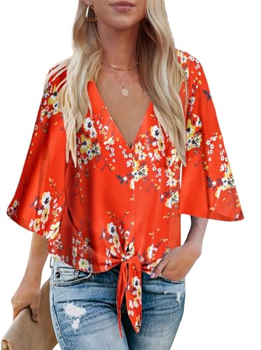 Bluetime Womens Blouses Boho Casual Short Sleeve V Neck Hawaiian Beach Vacation Tops Shirts Red - Image 1