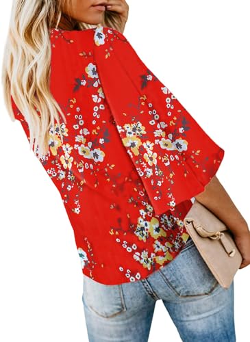 Bluetime Womens Blouses Boho Casual Short Sleeve V Neck Hawaiian Beach Vacation Tops Shirts Red - Image 3
