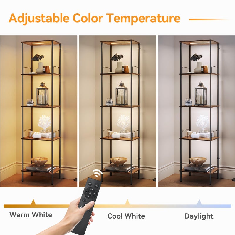 SUNMORY Display Shelf with Dimmable Lights, Lighted Display Cases for Collectibles, Adjustable Color Temperature and Brightness, Display Cabinet, Floor Lamp with Shelves, Home Decor, Rustic Brown - Image 2