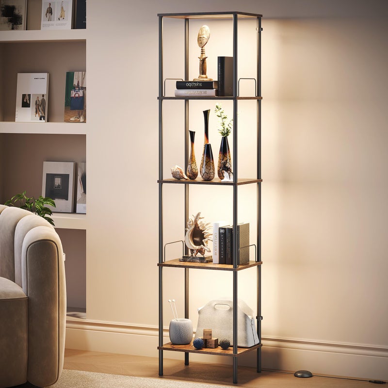 SUNMORY Display Shelf with Dimmable Lights, Lighted Display Cases for Collectibles, Adjustable Color Temperature and Brightness, Display Cabinet, Floor Lamp with Shelves, Home Decor, Rustic Brown - Image 1