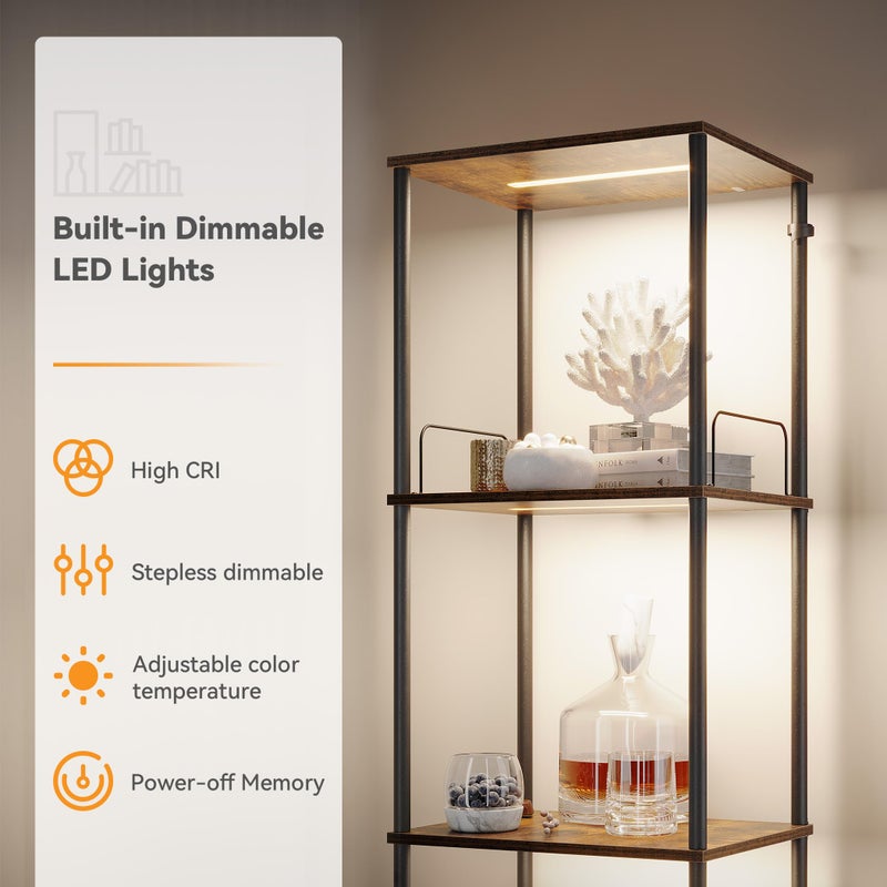 SUNMORY Display Shelf with Dimmable Lights, Lighted Display Cases for Collectibles, Adjustable Color Temperature and Brightness, Display Cabinet, Floor Lamp with Shelves, Home Decor, Rustic Brown - Image 3