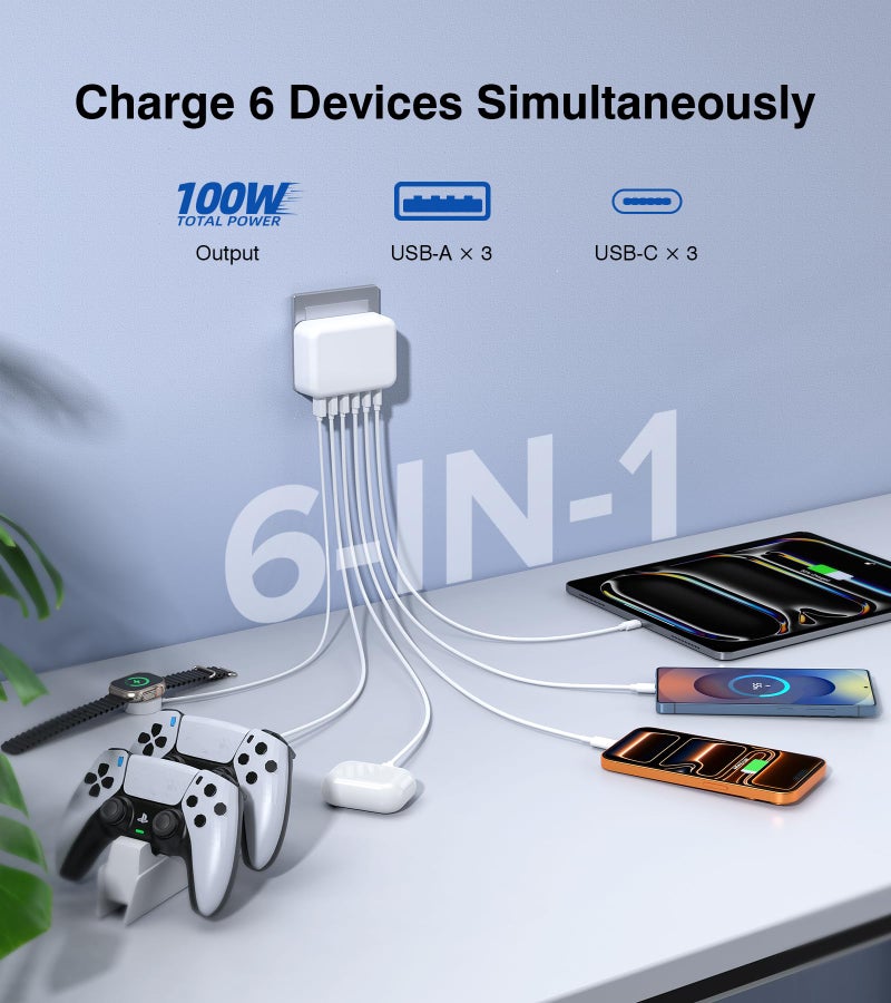 BOVICAS شاحن حائط USB C بقوة 100 واط، محول شاحن سريع 6 منافذ مع PD USB-C + QC USB A محطة شحن متعددة المنافذ مكعب هاب لجهاز iPhone 17 16 15 14 13 12 Pro Max XR XS 8 7، سامسونج - Image 2