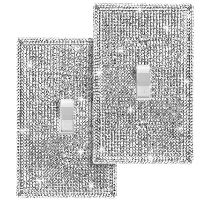 Jutom 2 Pcs Bling Outlet Covers Rhinestone Light Switch Cover Bling Bathroom Accessory Metal Wall Plate Stainless Steel Outlet 4.5 x 2.75 Inch for Switch Receptacle Decoration, Single Toggle (Silver) - Image 1