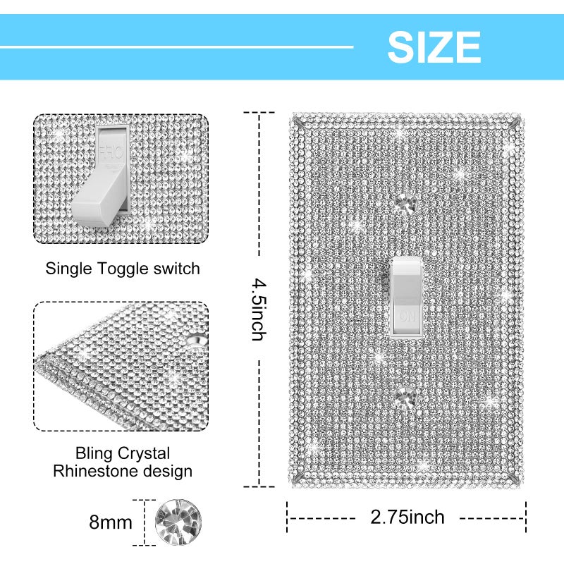 Jutom 2 Pcs Bling Outlet Covers Rhinestone Light Switch Cover Bling Bathroom Accessory Metal Wall Plate Stainless Steel Outlet 4.5 x 2.75 Inch for Switch Receptacle Decoration, Single Toggle (Silver) - Image 4