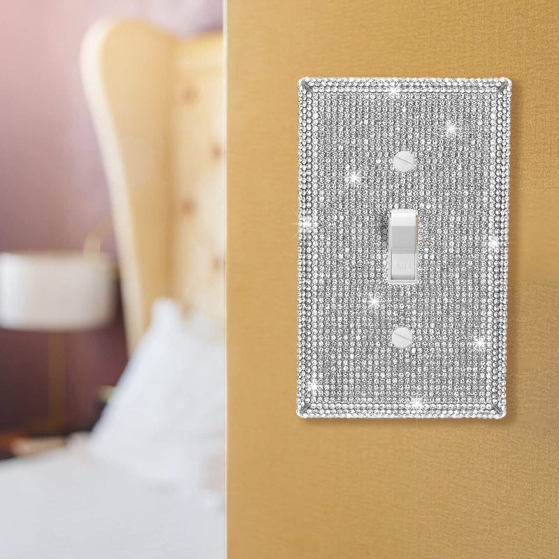 Jutom 2 Pcs Bling Outlet Covers Rhinestone Light Switch Cover Bling Bathroom Accessory Metal Wall Plate Stainless Steel Outlet 4.5 x 2.75 Inch for Switch Receptacle Decoration, Single Toggle (Silver) - Image 2