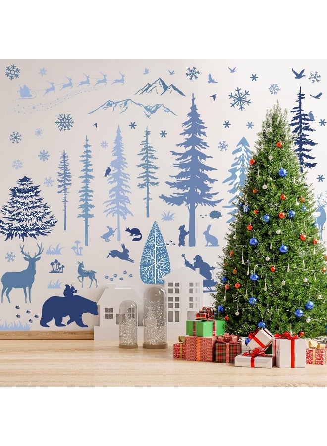 Whaline Christmas Wall Stickers Roll Winter Scene Blue Floor Decals Forest Animals Prints Waterproof Art PVC Plastic Window Decor for Xmas DIY Home Party, 4 Sheet, 13.8 x 39.4 Inch - Image 1