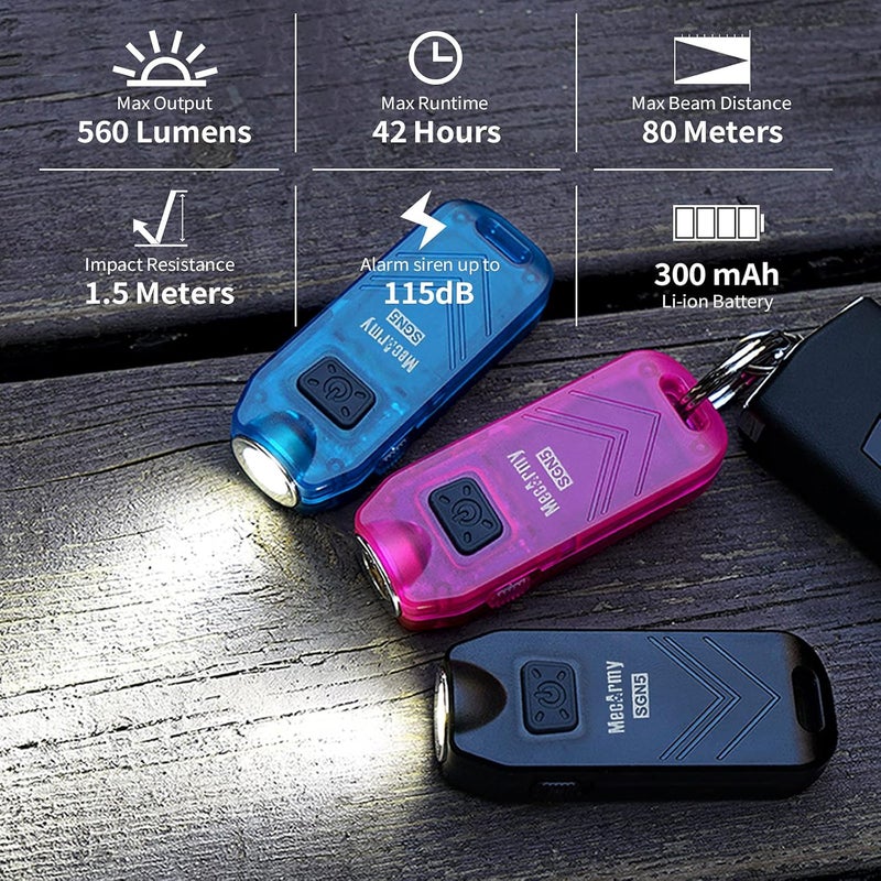 MecArmy SGN5 USB Rechargeable Personal Attack Alarm Flashlight - Mini Handheld EDC Keychain Torch with 560 Lumens and 115dB Siren (Red) - Image 2
