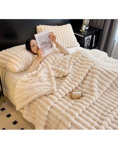 VUCATIN Faux Fur Throw Blanket for Couch Cozy Warm Plush Striped Blanket for Sofa Bedroom Living Room White 200*230cm  - Image 2