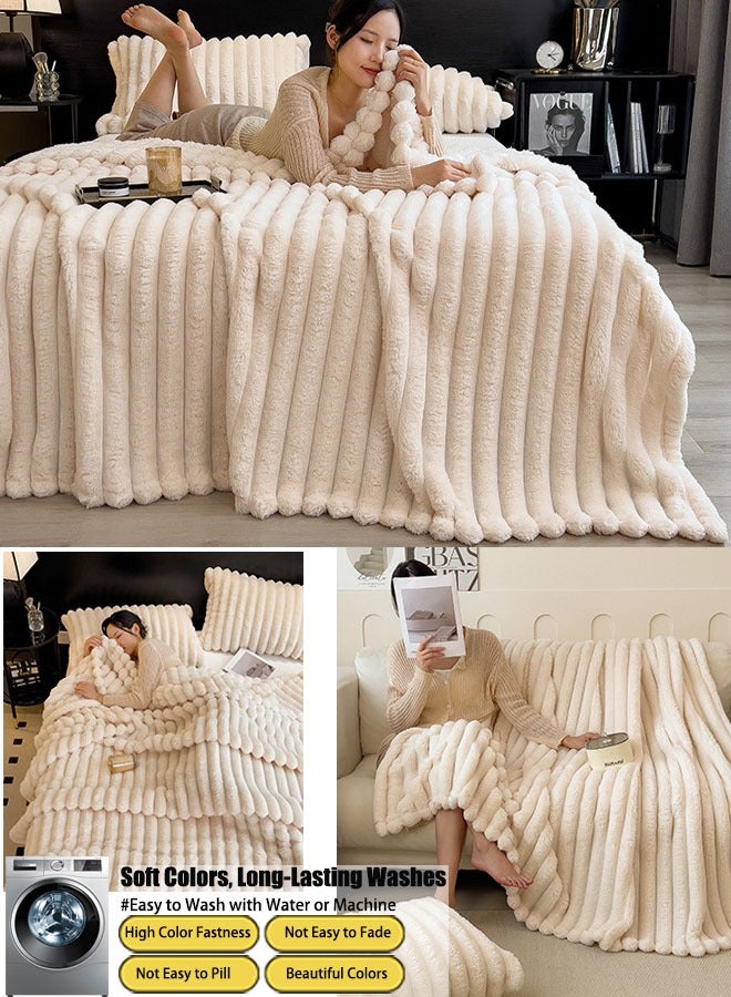 VUCATIN Faux Fur Throw Blanket for Couch Cozy Warm Plush Striped Blanket for Sofa Bedroom Living Room White 200*230cm - Image 5
