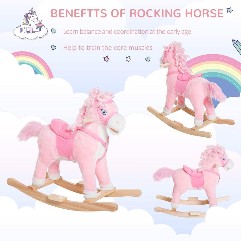 Qaba Kids Ride on Rocking Horse Toddler Plush Toy with Realistic Sounds and Swinging Tail for 3 Years Old Children - Image 3