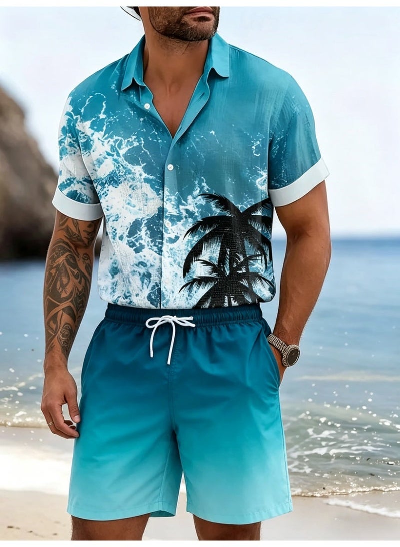 Men's Summer Beach Set, Hawaiian Print Shirt & Shorts, Lightweight, Plus Sizes - Image 1