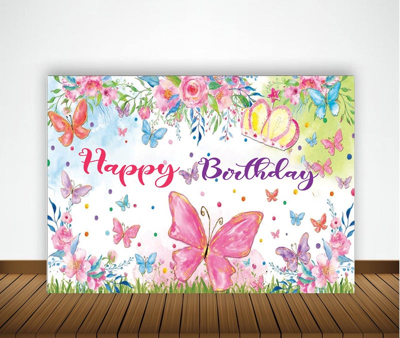 Theme My Party Birthday Decorations with Happy Birthday Backdrop Banner Butterfly Theme For Girls (6FT X 4FT) - Image 1