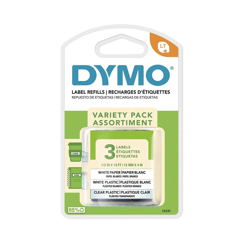 DYMO LT Labels Variety Pack 1/2-Inch x 13-Foot Rolls Black Print 3 Rolls for LetraTag Label Makers - Image 1