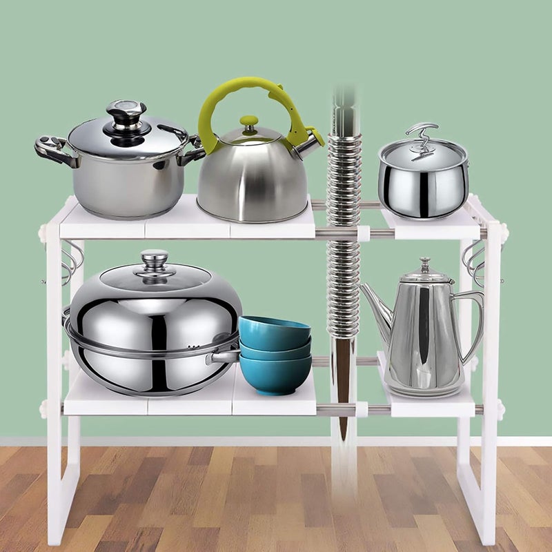 2-Pack Expandable Under Sink Organizer - 2-Tier Adjustable Storage Rack with 10 Removable Panels & Hooks - Stainless Steel Pipes - Image 1