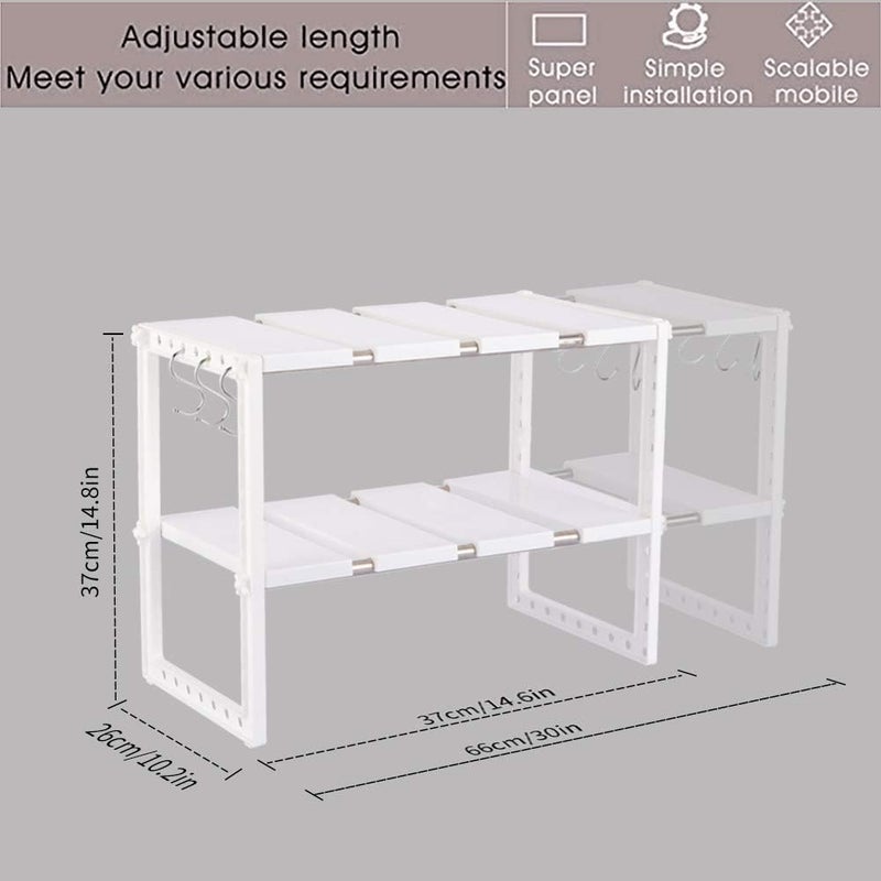 2-Pack Expandable Under Sink Organizer - 2-Tier Adjustable Storage Rack with 10 Removable Panels & Hooks - Stainless Steel Pipes - Image 2