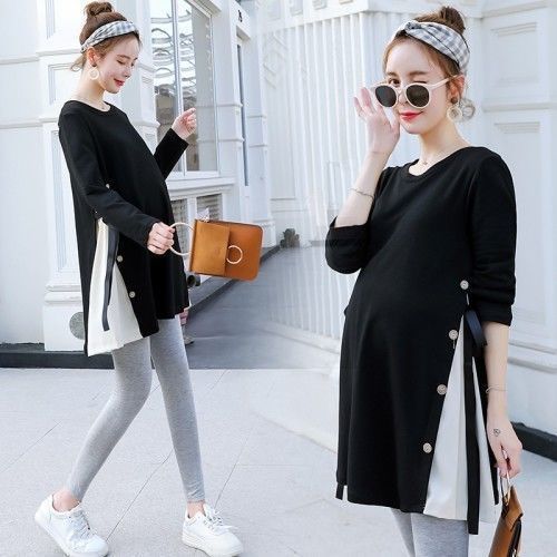 Internet Popular Pregnant Womens Suit Autumn and Winter Fashion Dress Long T-Shirt Two-Piece Long-Sleeved Sweater Outer Wear Top Black coat [single piece]] 
