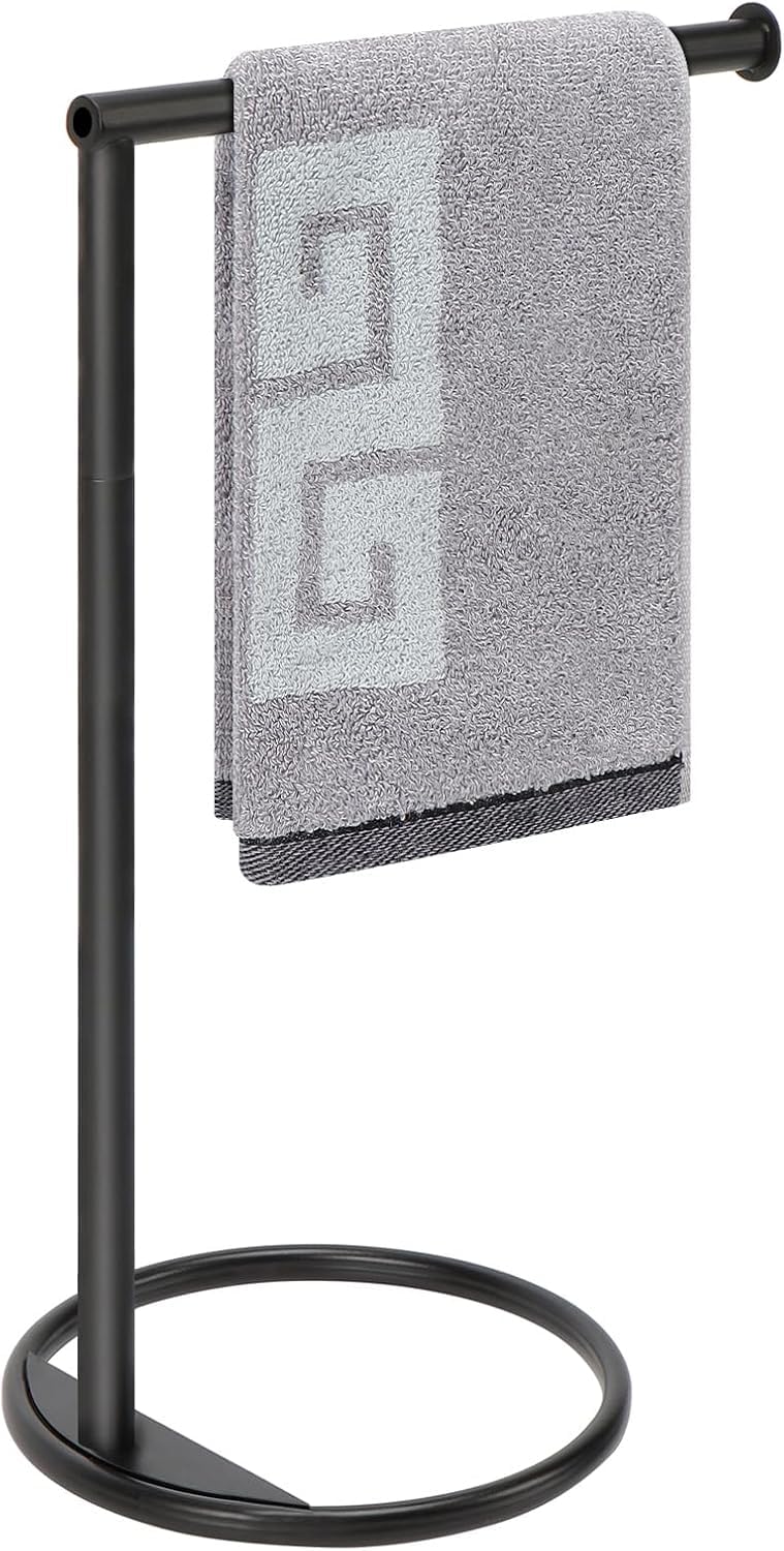 INDIAN DECOR INDIAN DECOR 28284 Hand Towel Holder Stand, L Shape Hand Towel Rack, Small Towel Ring Stand, Stable Free-Standing Towel Bar for Bathroom Kitchen Vanity Countertop, 8” L 14” H (Black, 1 Pack)  - Image 1