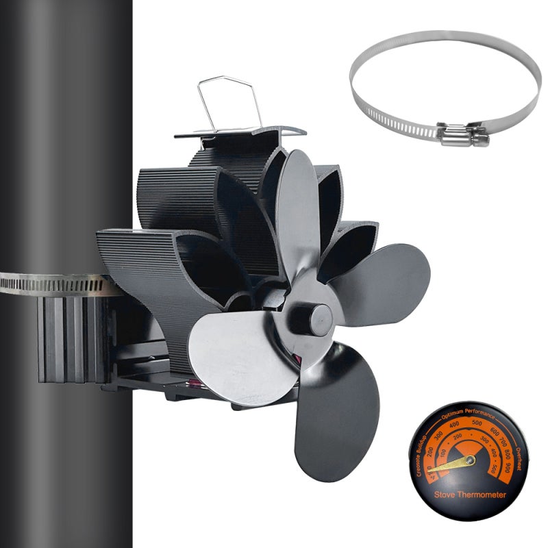 Heat Powered Stove Fan: Black 4-blade Design, ≤25dB Quiet Operation, Self-powered Energy-saving, With Thermometer - Easy Installation Pipe Fireplace Fan for Home Living Space - Image 1